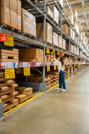 Prague, Czech republic - August 6, 2023: Woman customer looking up and pulling product on shelf while shopping in storage of shop. High quality photoのeditorial素材