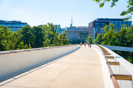 Prague, Czech Republic - August 19, 2023: Holka footbridge in Prague. New and modern bridge over Vltava river from Karlin to Holesovice district , Prague, Czech Republic. High quality photoのeditorial素材