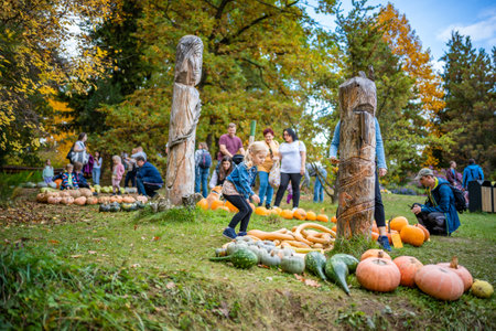Prague, Czech Republic - October 16, 2022: Pumpkin exhibition and other fall scenes in Botanical Garden of Prague, Czech Republic. High quality photoのeditorial素材