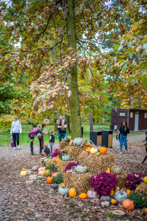 Prague, Czech Republic - October 16, 2022: Pumpkin exhibition and other fall scenes in Botanical Garden of Prague, Czech Republic. High quality photoのeditorial素材