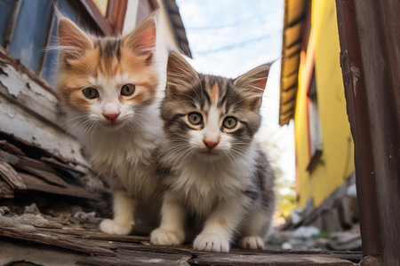 Homeless and stray cats in the city. Group homeless kittens.Friendly animals on the street.の素材