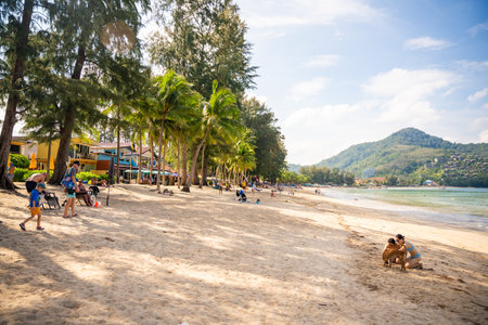 Phuket, Thailand - December 19, 2023: Close up view of a tropical sandy beach with people in Phuket island in the morning. High quality photoのeditorial素材