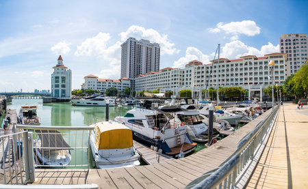 Georgetown, Malaysia - December 18, 2023: Private boat and yacht parking at Strait Quay, Penang. Residential, shopping mall, recreation area and marina located in Tanjung Tokong. High quality photoのeditorial素材