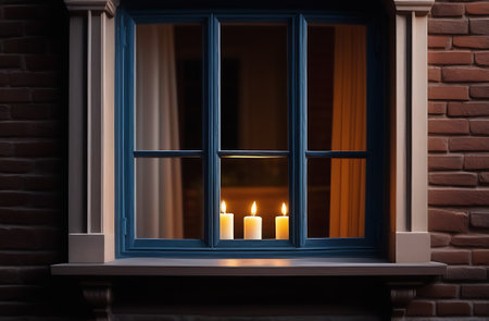 Earth Hour moment. Glow of candle-lit window in a residential neighborhood, symbolizing a collective commitment to energy conservation and environmental stewardship. High quality photoの素材