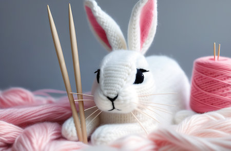 Cute white rabbit with big ears handmade with knitting needle on pink knitting threads . High quality photoの素材