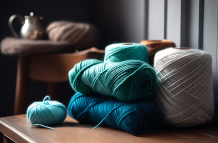 Charm of a well-loved knitting space, capturing the cozy nook where a crafters imagination comes to life through the click of needles.の素材