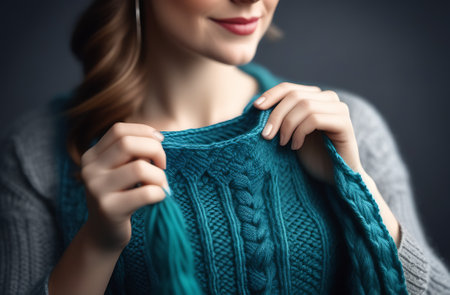 Woman hold and try on completing a knitting project. Moment of holding the finished piece, with all its unique details and personal touches.の素材