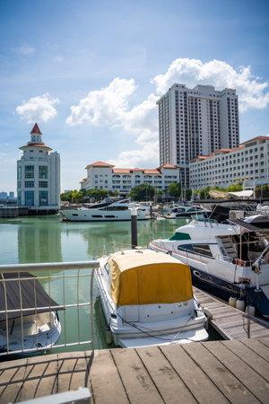 Georgetown, Malaysia - December 18, 2023: Private boat and yacht parking at Strait Quay, Penang. Residential, shopping mall, recreation area and marina located in Tanjung Tokong. High quality photoのeditorial素材