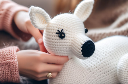 Woman sewing crochet white deer. Cute handmade toy. Finished process of japanese amigurumi.の素材