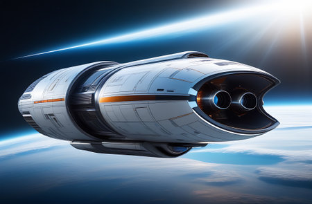 Futuristic spacecraft capable of faster-than-light travel, capturing the sleek and cutting-edge features that enable humanity to traverse the vast distances between starsの素材