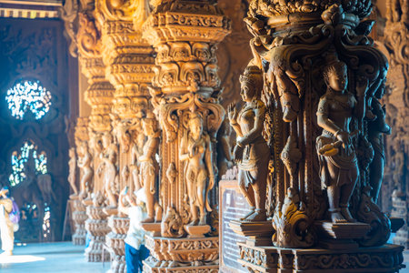 Pattaya, Thailand - December 31, 2023: Interior of Sanctuary of Truth wooden temple in Pattaya, Thailand. Sanctuary of Truth temple. High quality photoのeditorial素材