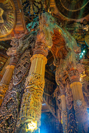 Pattaya, Thailand - December 31, 2023: Interior of Sanctuary of Truth wooden temple in Pattaya, Thailand. Sanctuary of Truth temple. High quality photoのeditorial素材