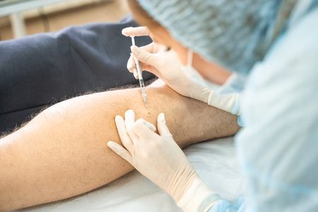 Dermatologist surgeon gives pain relief with an injection instead of surgery, operation process....