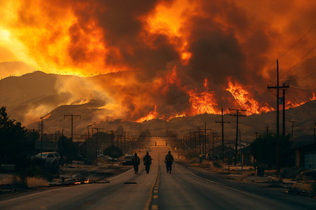 Community evacuation in the face of an approaching wildfire, with residents packing their belongings and fleeing their homes as smoke fills the air.の素材