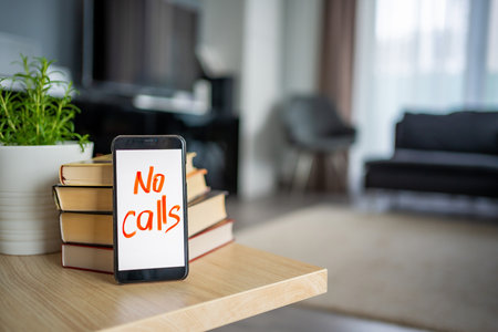 Digital detox concept. In the foreground is a smartphone with the text No Calls. High quality photo