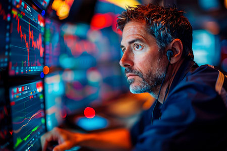 Stock market trader monitoring financial data on multiple screens, reacting to news of inflationary spikes and market volatility, inflation and investor sentiment.の素材