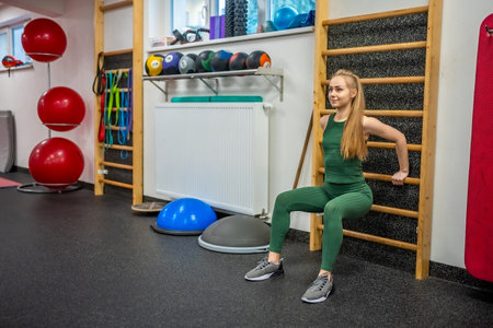Sporty young woman doing exercise at gym. High quality photo