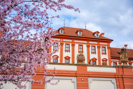 Prague, Czech Republic - March 17, 2024: Troja palace in spring with blooming sakura in Prague, Czech Republic. High quality photoのeditorial素材