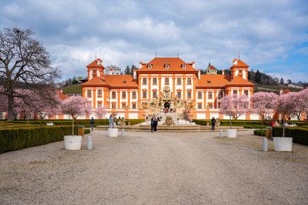 Prague, Czech Republic - March 17, 2024: Troja palace in spring with blooming sakura in Prague, Czech Republic. High quality photoのeditorial素材