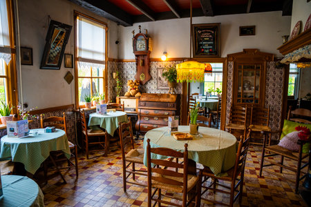 Gelselaar, Netherlands - April 6, 2024: Holland interior of old farmhouse, where is restaurant in village Gelselaar, Netherlands. High quality photoのeditorial素材