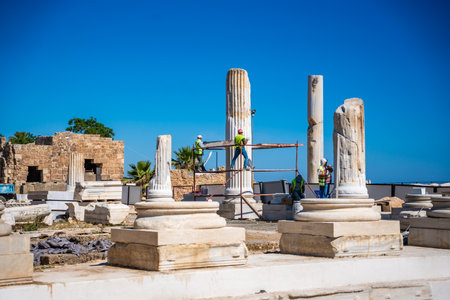 Side, Turkey - May 8, 2024: Restoration work in Ancient city in Turkey. Archaeological work in ruins of Side. High quality photoのeditorial素材