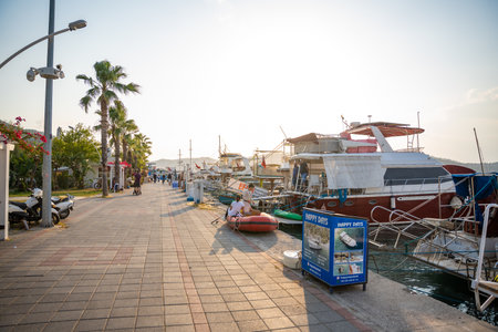 Fethiye, Turkey - May 11, 2024: Fethiye Marina in Turkey. A lot of excursion and private yachts in embankment of Marina. High quality photoのeditorial素材