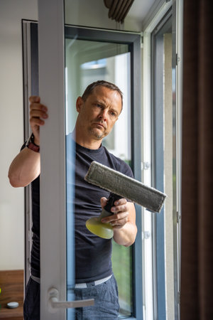 Young man cleans the windows in the house. He splashes detergent, rubs and removes water at the...