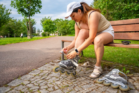 Woman roller skater in the park puts her roller skates on her feet. Outdoor activities. Summer...