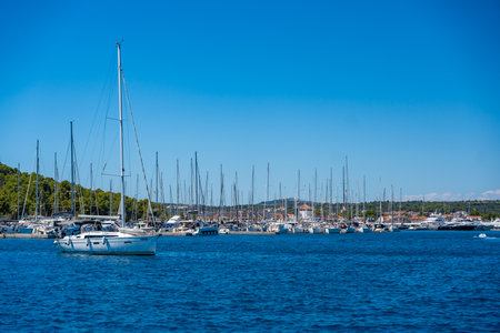 Rogoznica, Croatia - July 5, 2024: Rogoznica waterfront and marina at the Mediterranean Sea, vacation panorama traveling in Croatia. High quality photoのeditorial素材