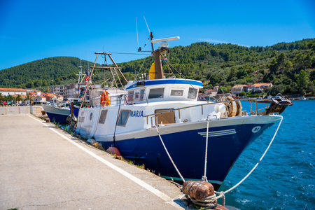 Vela Luka, Croatia - July 4, 2024: Fishing boat parking on Vela Luka town in Korcula island, Croatia. High quality photo. High quality photoのeditorial素材