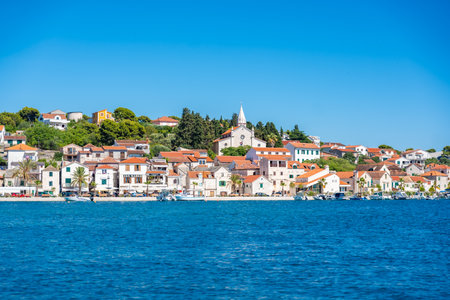 Panoramic wiew of Rogoznica town from blue Adriatic sea in Croatia. High quality photoの写真素材