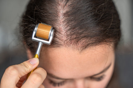 Close up view of young woman using microneedle derma roller on head for stimulating new hair growth...