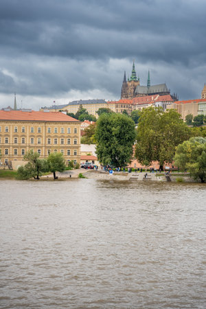 Flood in Prague. View of Prague Castle across the flooding river Vltava, Prague. High quality photoの写真素材