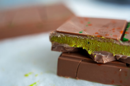 Trend Dubai chocolate with pistachio paste and kataifi dough. Confectionery handmade sweets at home...