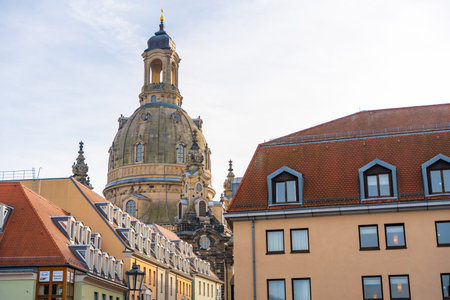 Low angle view of roofs and dome in historic centre of Dresden, Germany. High quality photoの写真素材
