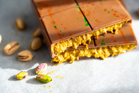 Chocolate with pistachio paste and kataifi dough at sun lights. Confectionery handmade sweets at...