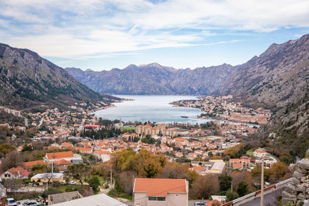 Panoramic view of Kotor town and Bay Boca from mountain view point in Montenegro in winter time. High quality photoの写真素材