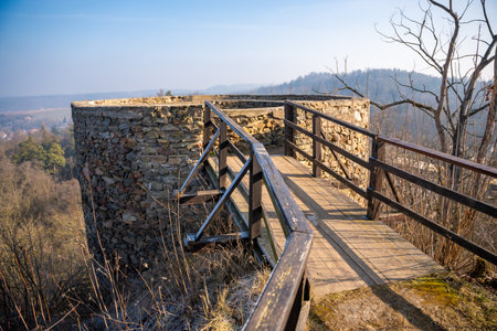 Old chapel and fortress ruins in a small czech town Petrohrad. Way of pilgrims, Czech republic. High quality photoの写真素材