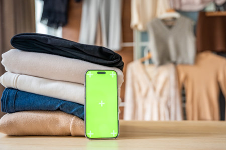 Stack of clothing prepared for resale with a smartphone displaying green screen for mockup use. Mobile apps simplify second-hand fashion, sustainable shopping, and conscious clothing redistribution.の写真素材