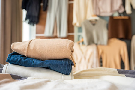 Stacked pile of clothing prepared for resale, donation, or recycling, with wardrobe with outfits in the background. Sustainable fashion choices help reduce waste and support a circular economy.の写真素材