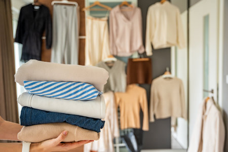 Stack of clothing in woman hands prepared for resale, donation, or recycling. Sustainable fashion choices support second-hand use, reduce waste, and promote conscious consumption. High quality photoの写真素材