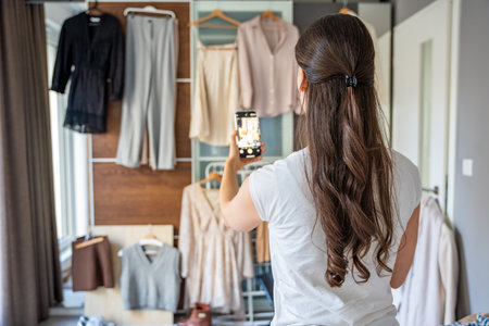 A young woman photographs clothing hanging on a wardrobe in bedroom using her smartphone. Online resale and second-hand fashion thrive through mobile apps, making sustainable shopping more accessible.の写真素材