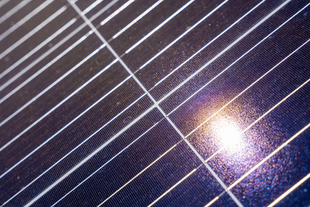 Close up of solar panels under bright sunlight with visible sun glare in Altai Russia Renewable energy technology in clean natural environment. High quality photoの写真素材