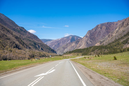 Road stretching along the Chuya River on Chuysky Trakt in Altai Russia. Scenic mountain route through wild Siberian landscape. High quality photoの写真素材