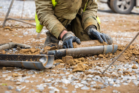 Man cutting and cleaning soil sample for laboratory analysis. Preparation of core material for geotechnical testing and scientific evaluatio. High quality photoの写真素材