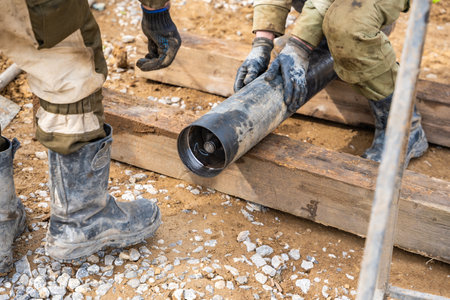 Opening of container with soil sample extracted from borehole. Preparation of core material for visual inspection and laboratory testing. High quality photoの写真素材
