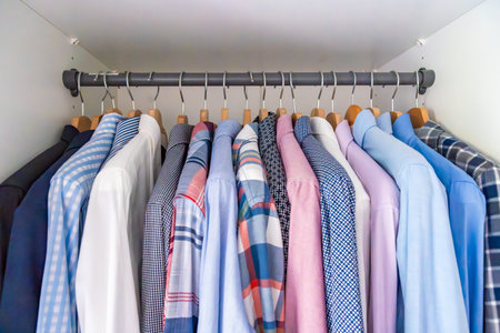 Neatly arranged men shirts hanging on wooden hangers in wardrobe. Minimalist clothing organization and classic male fashion concept. High quality photoの写真素材