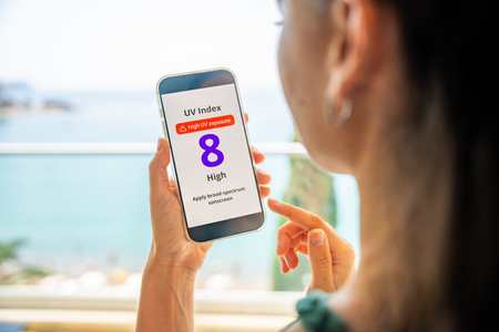 Young woman checking UV index on smartphone with high radiation alert. Mobile app warns to apply...