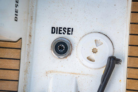 Diesel fuel inlet on the deck of a sailing yacht near Croatia, marked with the word Diesel. Technical detail, maintenance and essential part of boat operation. High quality photoの写真素材