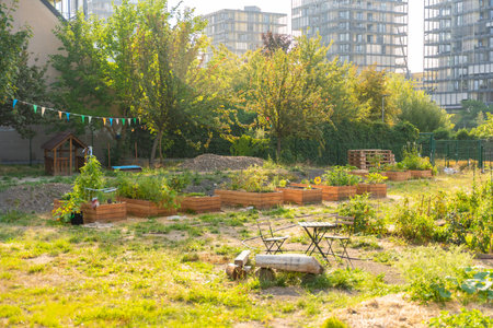 Urban community garden in Zizkov, Prague, Czech Republic. Sustainable green space with planting beds...
